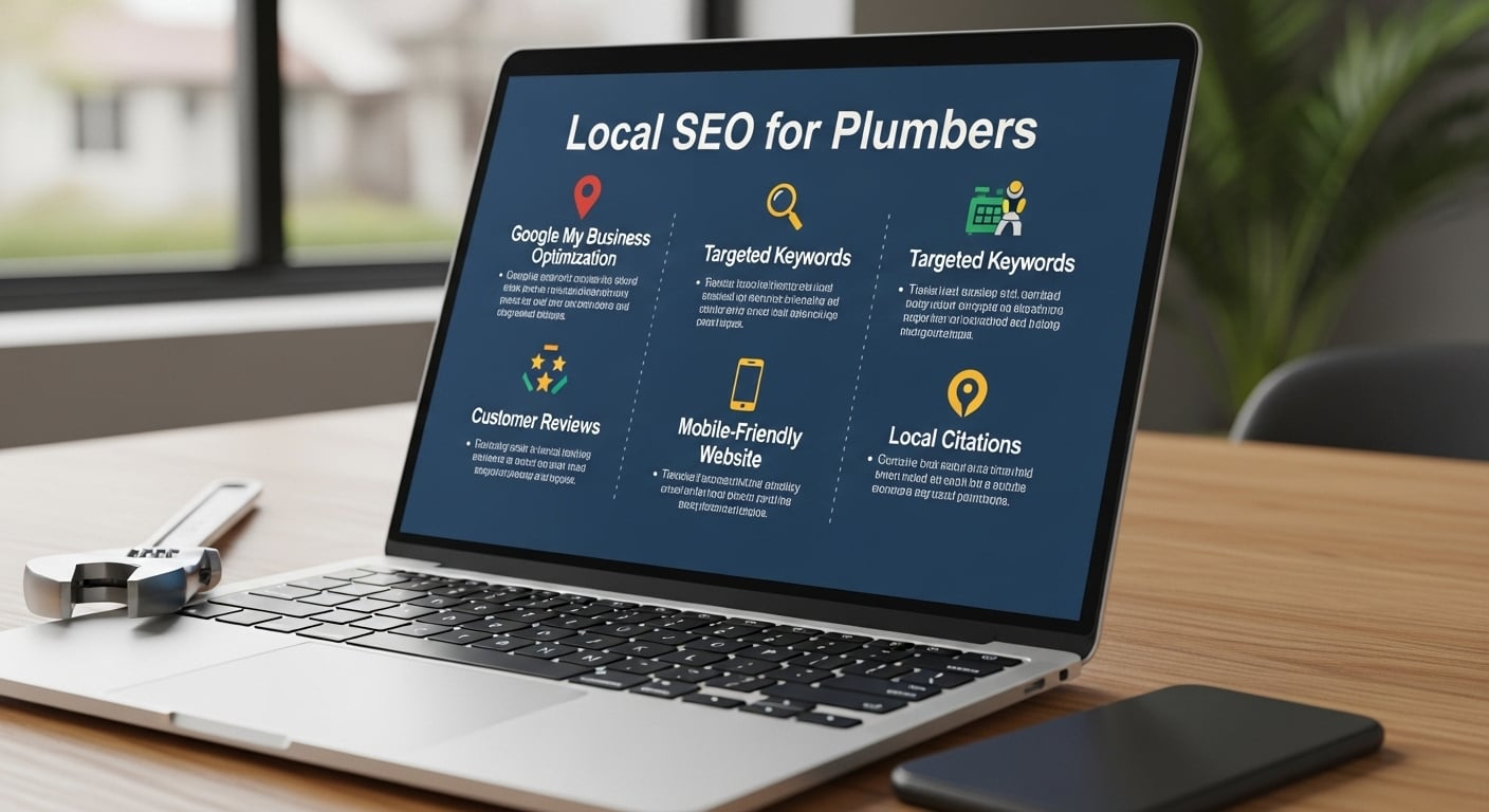 A laptop on a desk displays a presentation titled "Local SEO for Plumbers" with sections on Google My Business Optimization, Targeted Keywords, Customer Reviews, Mobile-Friendly Website, and Local Citations. A wrench sits next to the laptop, emphasizing the plumbing theme, and a smartphone is also visible on the desk