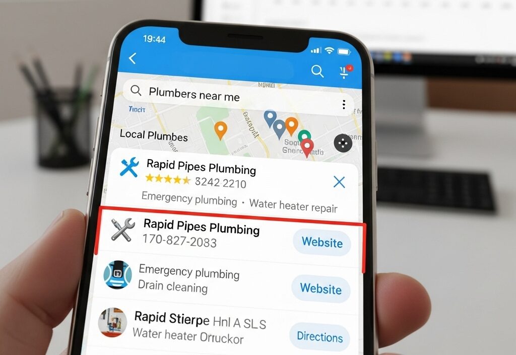 Plumbers - Seo | Rsm Marketing A person holds a smartphone displaying a search for "plumbers near me," showing local plumber listings including "rapid pipes plumbing" with ratings, contact details, and service buttons. In the background, a computer monitor displays an analytics chart in a bright, modern office setting.