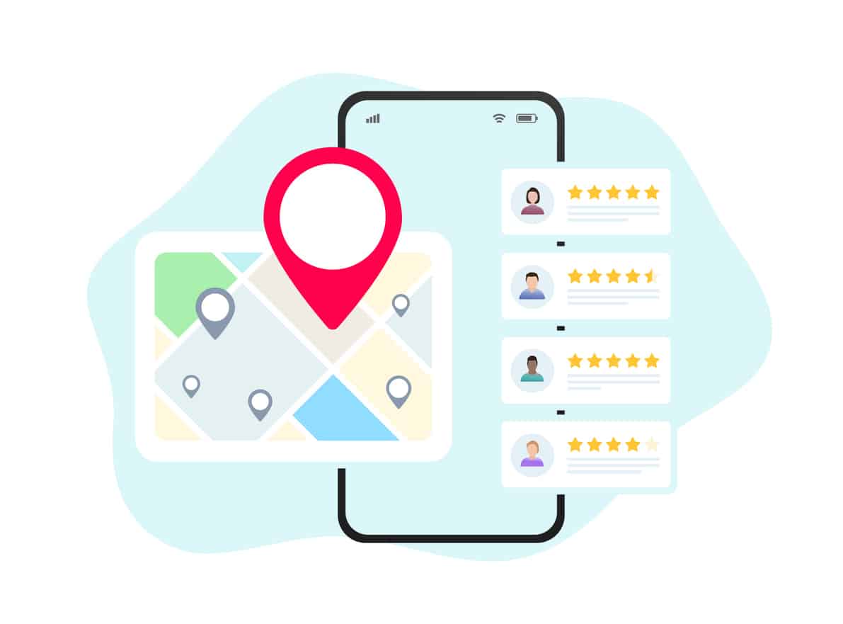 Illustration of a map and google reviews popping out of a phone screen.