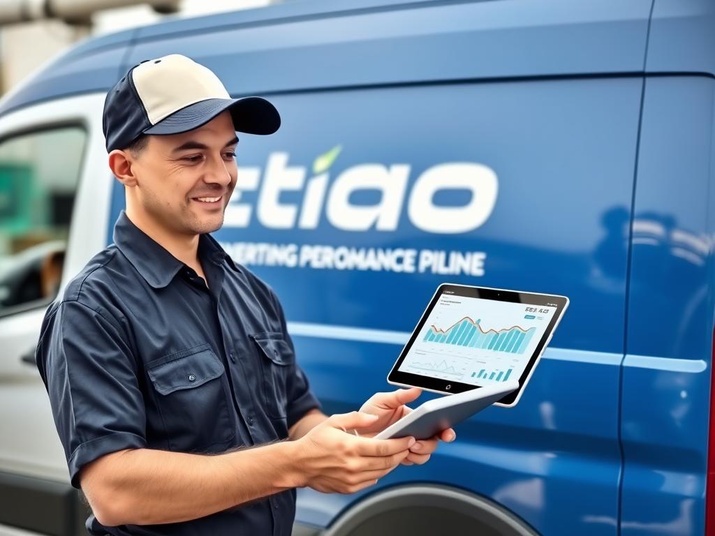 Plumber with tablet reviewing advertising performance